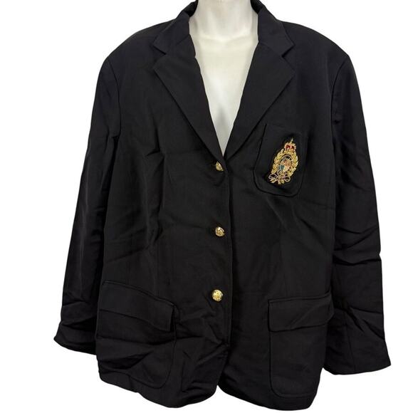 Lauren Ralph Lauren Womens Embroidered Crest Black 100% Wool Blazer Jacket 20 W - Picture 1 of 16